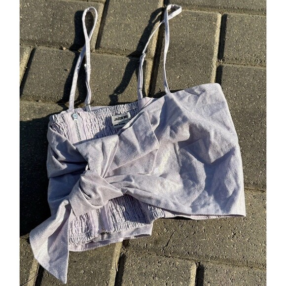 Jason WU crop Top Womens Lavender Purple Linen Tie Front Smocked Back NWOT LARGE - Picture 8 of 9